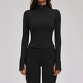 Zwart slim-fit yoga-jasje met opstaande kraag, ritssluiting en duimgaten bij de manchetten - S / Premium Zwart