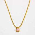 Élégant collier à chaîne torsadée dorée avec pendentif carré en zircon rose pour femme - Or Rose