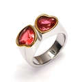 Close-up of double heart red crystal settings on 18k gold plated titanium steel ring - Silver/Gold Edged (Deep Red Heart)