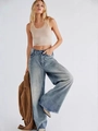 Jeans a gamba larga lavaggio retrò blu chiaro con vita alta e orlo a taglio vivo casual - S / Blu Nero