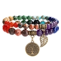 Double-layered 7 chakra stone bracelet with Tree of Life and leaf charms on white background - Multi-color Stones + Antique Bronze Leaf