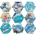 Diamond painting coaster set with Great Wave design, 9-piece kit including metal holder - Hexagonal Ocean Wave (BD011)