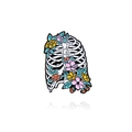 Artistic enamel skeleton rib cage brooch with vibrant blooming pink floral accents - Ribcage Flower (CC484)