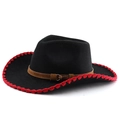 Classic black felt western cowboy hat with red stitched brim and brown leather band - M (56-58cm) / Black With Red Edge