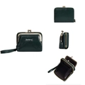 Deep green lychee textured PU leather wallet with wrist strap and organ card slots - Green