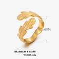 Adjustable 18K gold plated stainless steel leaf ring with detailed vein textures - Fine Leaf Veins Texture (ZN147) / Steel