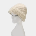 Detail of cream knit beanie featuring thick faux fur trim and textured winter stitching - Plain / Beige