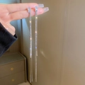 Detailopname van zilveren oorbellen met baguette-zirkonia en glanzende lange kwastjes - Zilveren Pin - Zilveren Lange Kwastjes Oorbellen