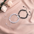 Tai Chi Yin Yang couple bracelets with white marble and black matte beads on pink silk - Matte Black and White Turquoise Adjustable Style (款式-2)