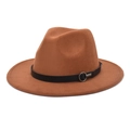 Detailed texture of caramel wool fedora hat with black leather band and silver buckle - M (56-58cm) / Khaki