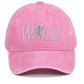 Detail of pink washed cotton baseball cap featuring silver WILD Bigfoot embroidery - Adjustable / Pink