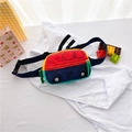 Detail of colorful bus shaped kids chest bag made of canvas with red blue and yellow panels - Yellow Zipper