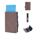 Brown frosted leather RFID card holder with mechanical pop-up slide and snap closure - Coffee
