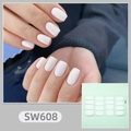 Detail of pure white solid color nail stickers SW608 showing application and full sheet - White