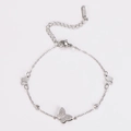 Detail of silver butterfly bracelet with small crystal accent on adjustable steel chain - Steel
