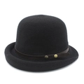 Classic black knitted bowler hat for women with brown leather strap and metal rivets - M (56-58cm) / Black