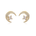 Elegant 18K gold plated crescent moon earrings with micro-paved cubic zirconia stones - Single Diamond Moon Style (41913)