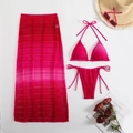 Flat lay of gradient pink three-piece bikini set with mesh beach skirt and sunglasses - S / Rose Red