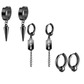 Three pairs of black stainless steel punk earrings featuring cone, blade, and hoop designs - Set 27 (Black - Cone Pendant/Blade Chain/Hoop)