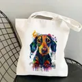 White canvas tote bag featuring a colorful watercolor dachshund print on a metal chair - C12 / No Inner Pocket No Zipper
