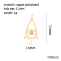 Macro view of gold-plated copper eye charm with 3.3mm hole for DIY jewelry making - P00632-Eye Teardrop