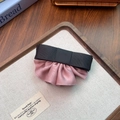 Elegant black grosgrain ribbon hair clip with pink pleated satin ruffle detail - Ruffle Skirt Bow / Pink