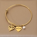 Gold adjustable stainless steel bracelet with MOM heart pendant and white pearl charm - Zircon Border Heart Mother-Child Style (KB203635-Z)