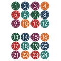 Christmas Advent calendar number stickers 1-24 with festive snowflake patterns - 7 Colored Numbers