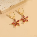 Golden flower hoop earrings with red crystal stone insets and minimalist retro design - Red Flower Style (ES2618-5)