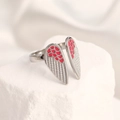 Silver adjustable wing ring with red enamel dots and detailed feather texture - Adjustable Open / Steel Color Wings Red