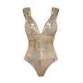 Costume intero oro metallizzato con profondo scollo a V e fibbie in strass colorati - S / Costume Intero Scollo a V Oro