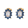 Floral cluster stud earrings featuring white center zircon and navy blue gemstones in gold finish - White Main Stone Blue Side Stones Gold Base