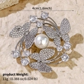 Silver butterfly brooch with pearls and cubic zirconia stones in 4cm round design - Silver Butterfly Pearl Circle (BRS-J444S)