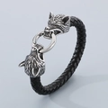 Men's braided black leather bracelet with silver viking wolf heads and metal ring clasp - Steel Wolf Head (KB58435-BD) / 22cm