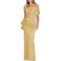 Elegant champagne gold satin mermaid prom dress with one-shoulder design and ruffles - US size 14 (XL) / Top And Bottom / Gold