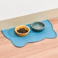 Blue cat-shaped silicone pet mat with spill-proof edges and two feeding bowls - Cat Head Shape Mat / Sky Blue
