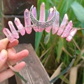 Detail of handmade pink crystal moon headband featuring wire-wrapped stones and alloy moon - AB Light Pink Crystal with Silver Wire & Moon