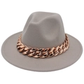 Wide brim grey fedora hat with a bold rose gold metal chain decoration on a white background - Light Gray