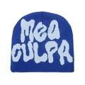 Königsblaue Mea Culpa Jacquard-Strickmütze mit hellblauer Aufschrift für Wintermode - Blau