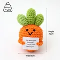 Handmade knitted carrot plush toy with a cute smiley face and greeting card, 12cm height - Fat Carrot With 3 Leaves J Card