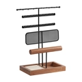 Multifunctional black metal jewelry organizer with wooden base and earring mesh display - Black