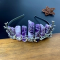 Close-up of raw purple amethyst crystal headband with silver moon and star accents - Amethyst + Triple Moon + Branch