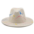 Artistic cream wool fedora hat featuring colorful paint splatter graffiti and classic crown - M (56-58cm) / Beige