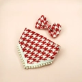 Detailed view of red houndstooth pet bandana and bowtie set with faux pearl trim - Size S (1.5-2.5kg) / 2-Piece Set (Bandana+Bowtie) / Red Check