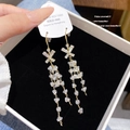 Elegant gold S925 silver fringe earrings with sparkling crystals and star detail - Gold Cross Tassel (E0023)