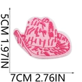 Detailed view of pink embroidered cowboy hat patch with dimensions 7cm x 5cm on white background - No.16 Pink Embroidery Hat