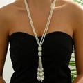 Elegant multi-layer long pearl necklace with tassel pendant and square woven bead buckle - Square