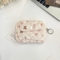 Detailed macro view of quilted floral card holder with metal zipper ring and snap button - Heart Baby Bear
