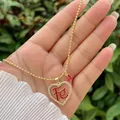 18K gold plated bead chain necklace with double heart pendants and sparkling zircons - Red Heart