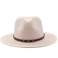 Dettaglio cappello in lino intrecciato con fascia marrone e borchie color turchese - Rosa